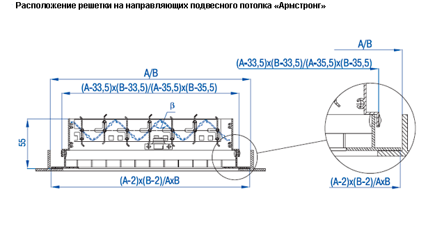 Расположение вентиляционной решетки ВР-ПЯ на направляющей потолка Армстронг